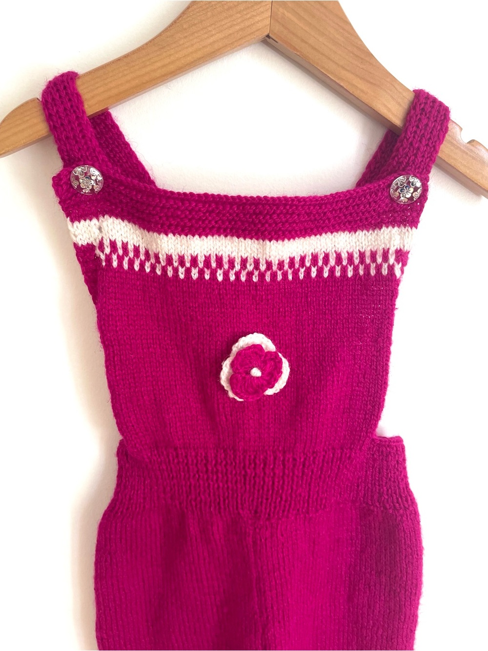 Handknit Vintage Baby Girl Overalls / Handmade Jumpsuit, Flower, Raspberry Pink